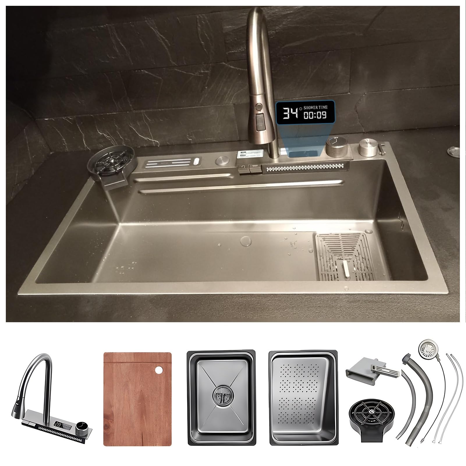 YADZISW Stainless Steel Kitchen Sink with Waterfall Tap, Built-in Basin, Compatible Chopping Board and Pressure Washers