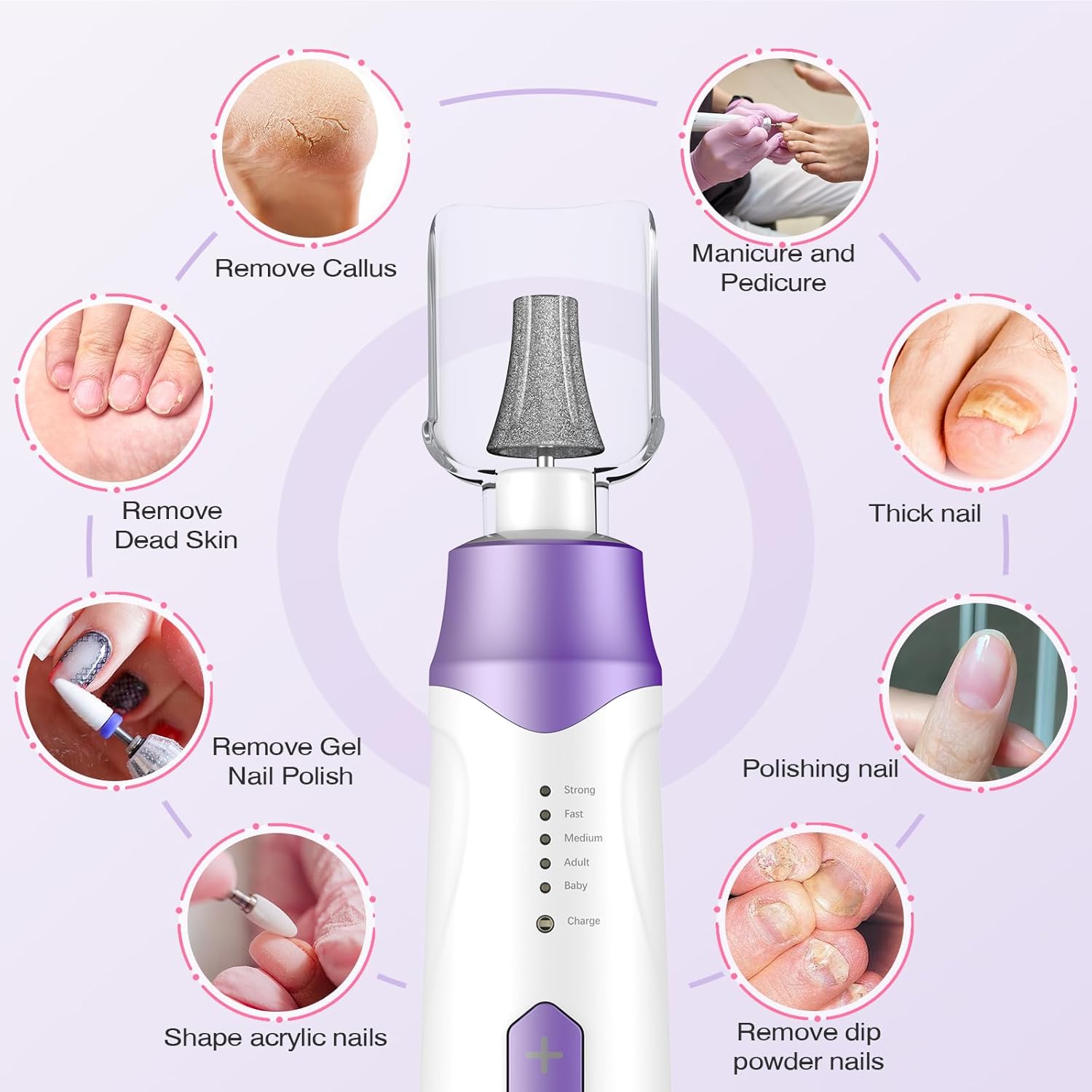 Professional Electric Nail Drill 2000mAH Portable Cordless Electric Nail File 10 in 1 Manicure Pedicure Kit ,5-Speeds Toe Nail Tools Hand Foot Care,Thick Toenail Grinder for Women Men Pets (Purple) - Image 2
