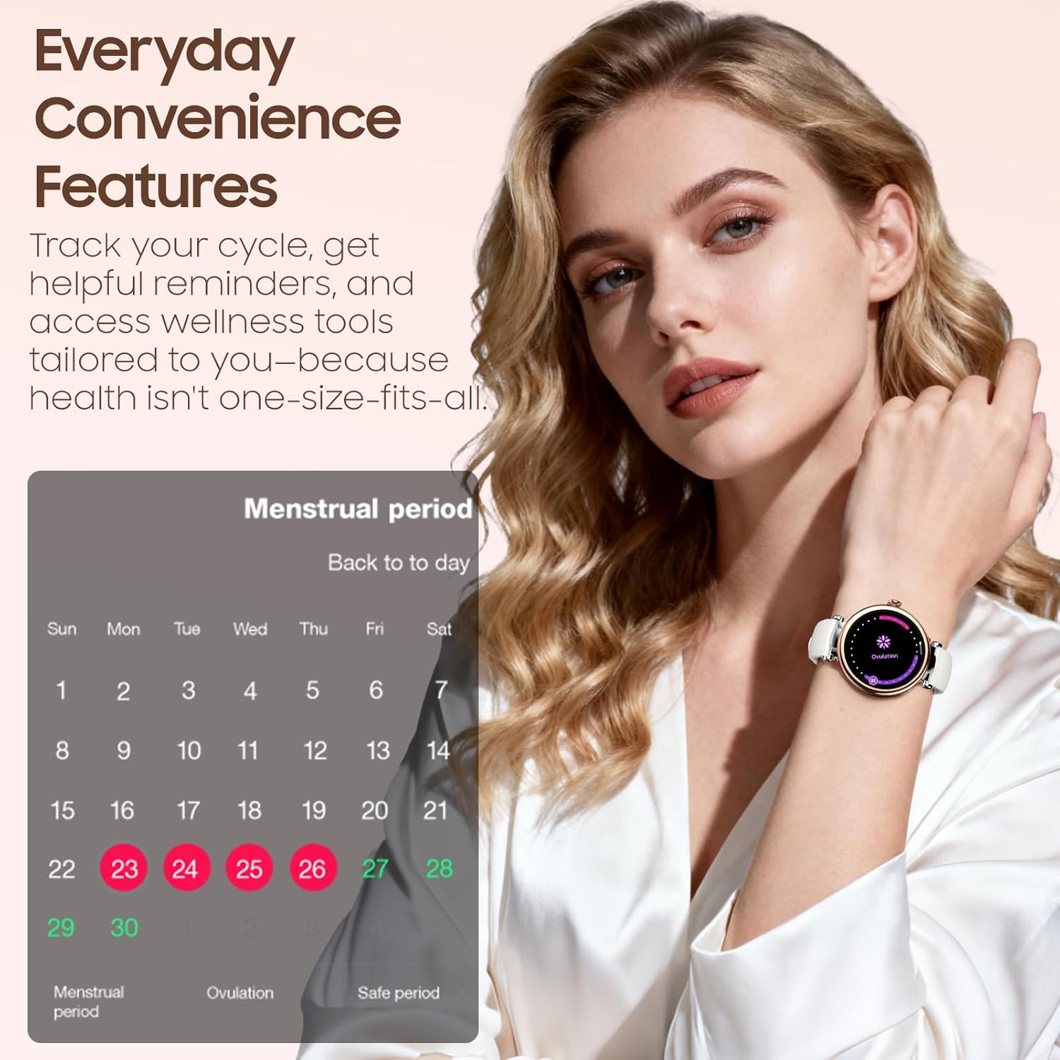 Woman wearing the TOZO S8 Smart Watch, displaying a menstrual period tracking calendar, with text 'Everyday Convenience Features'.