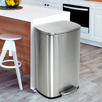 13 Gallon Trash Can, Brushed Stainless Steel Kitchen Trash Can with Soft-close Lid, Fingerprint-resistant Kitchen Garbage Can with Foot Pedal and Inner Bucket, Odor Proof Garbage Can, Silver