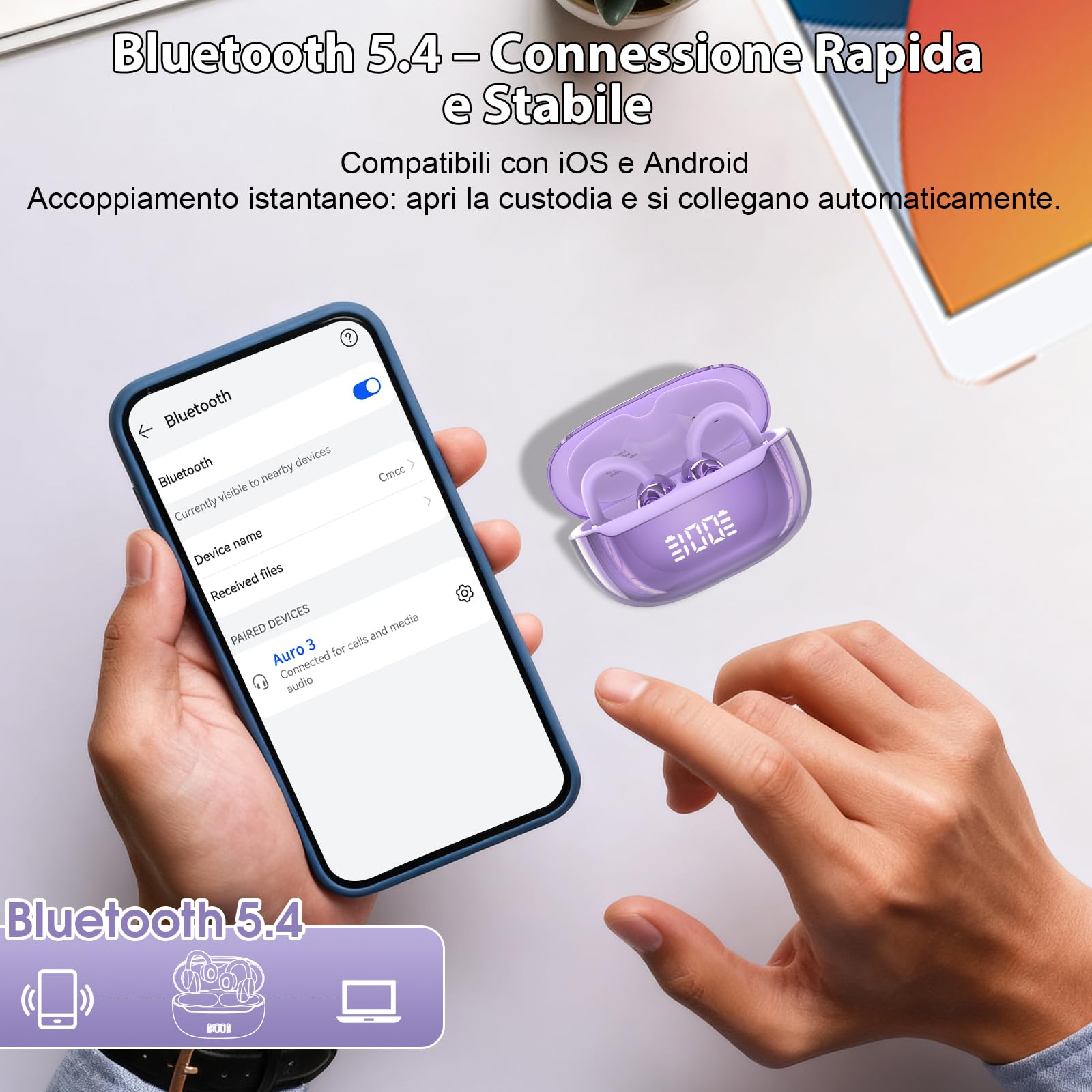 Cuffie Bluetooth 5.4, Auricolari Open Ear Cuffie Clip-On, 48 Ore Cuffiette Conduzione Ossea, DNN Noise Cancelling, Comfort Adattivo, Audio Immersivo, Auricolari Bluetooth con 4 Mic, Impermeabili IPX7