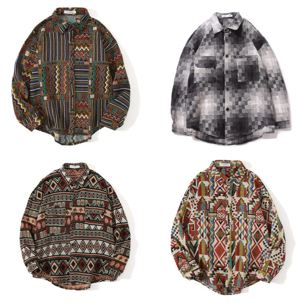 HGJH Hemdjacke Herren,Herren Langarmshirt Fleecejacke Boho Vintage Jacke Ethno Schwarz Thermohemd Futter Holzfällerhemd Bequem Lässiges Arbeitshemd Für Herren Jungen