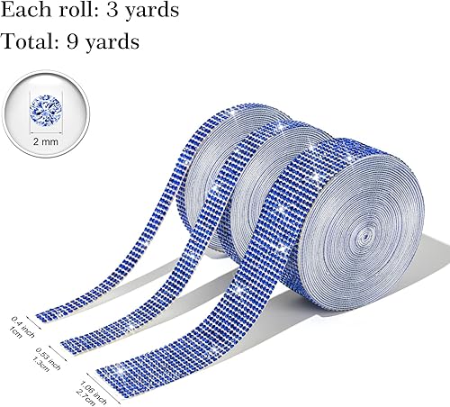 Miniatura 10 de 3 rollos de cinta autoadhesiva de diamantes de imitación de cristal de 9 yardas, rollo de calcomanías de diamantes de imitación brillantes para
