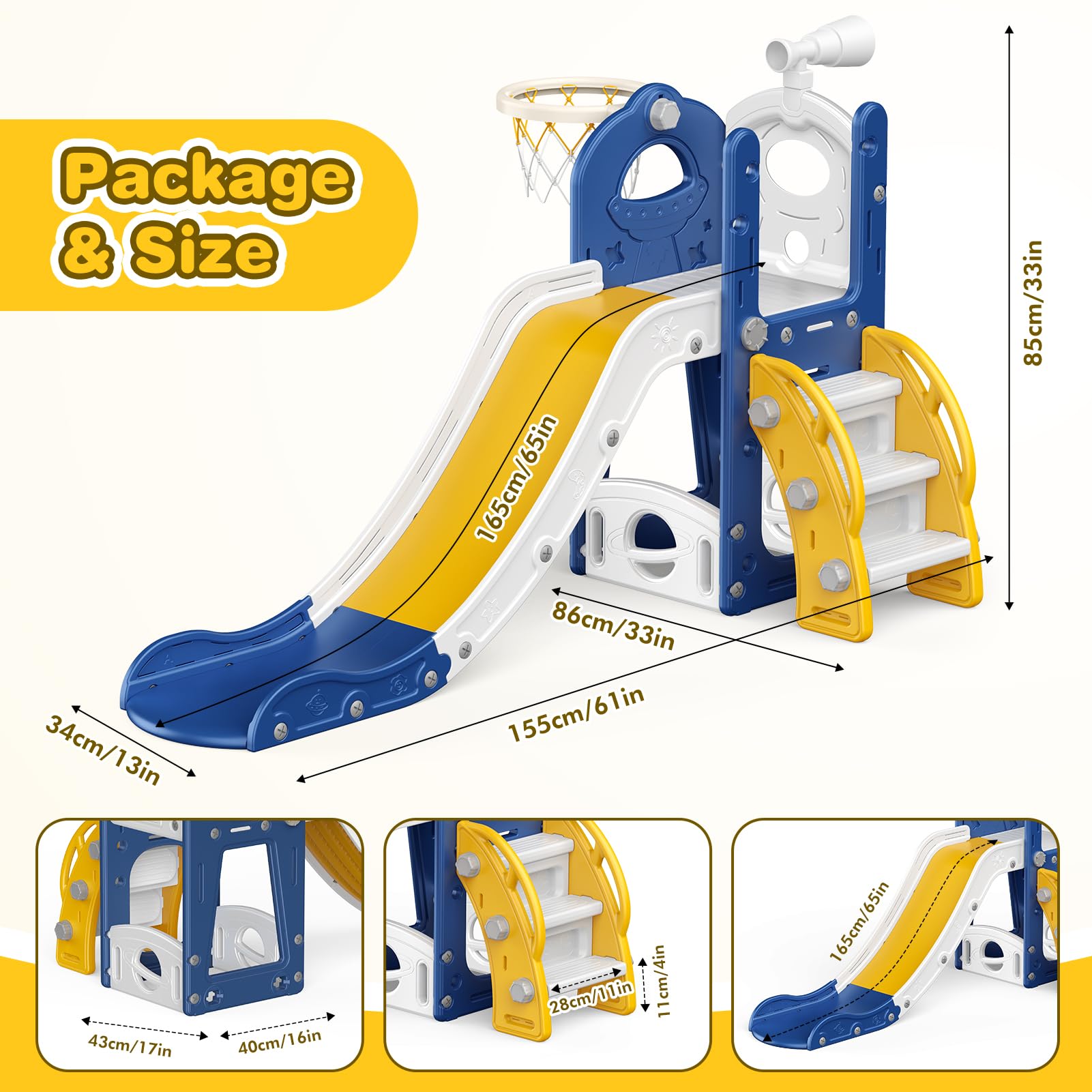 Scivolo per Bambini: Grande Scivolo Blu per Bambini in Età 1-3 Anni con Cestino da Basket, Scivolo per Bambini con Spazio di Stoccaggio, Set di Gioco per Bambini con Scala da Arrampicata, Giocattolo