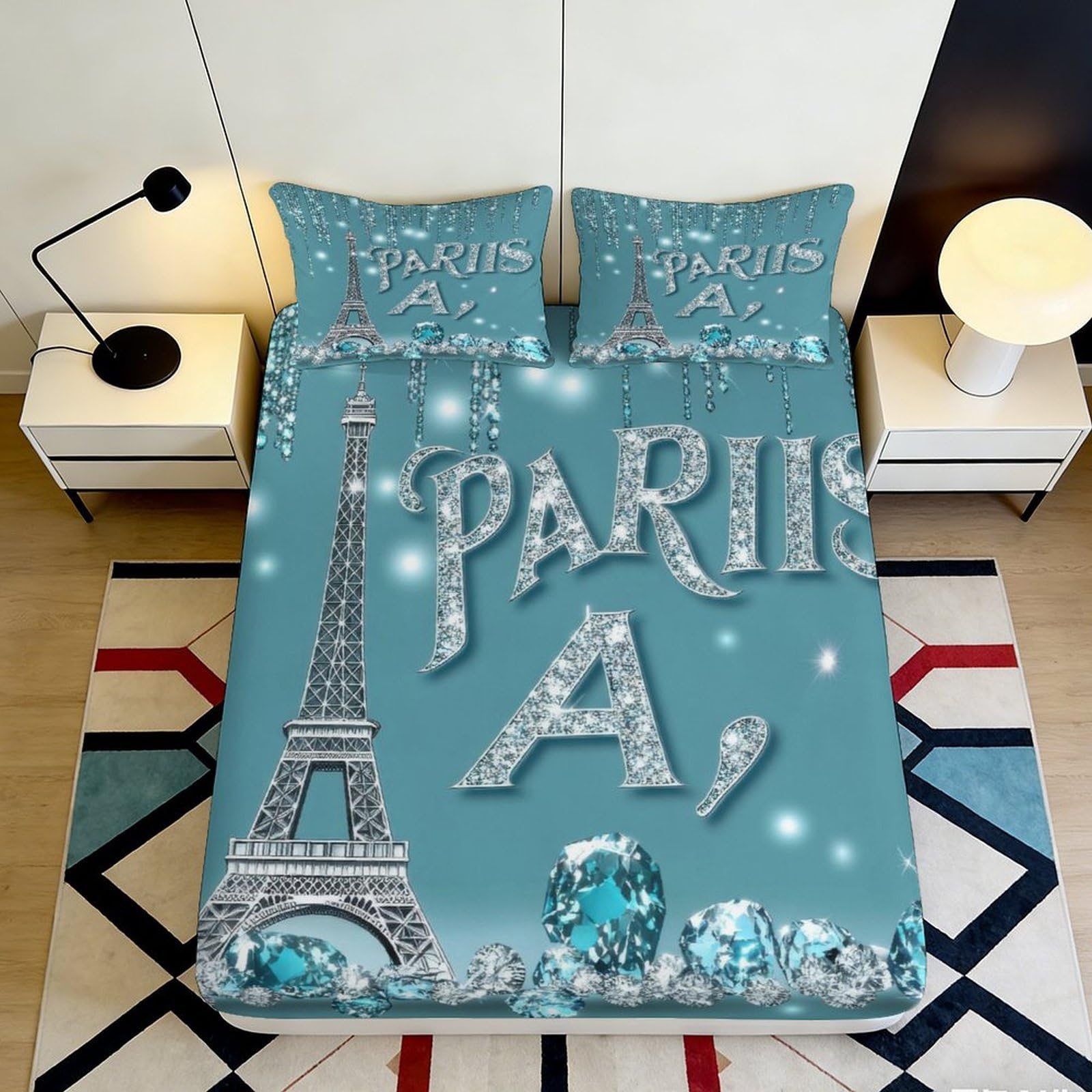 3D Printed Eiffel Tower Paris Fitted Sheet Microfiber Non Slip Bed Cover for Bedroom Guest Room Mattress Protection 140x200x25cm