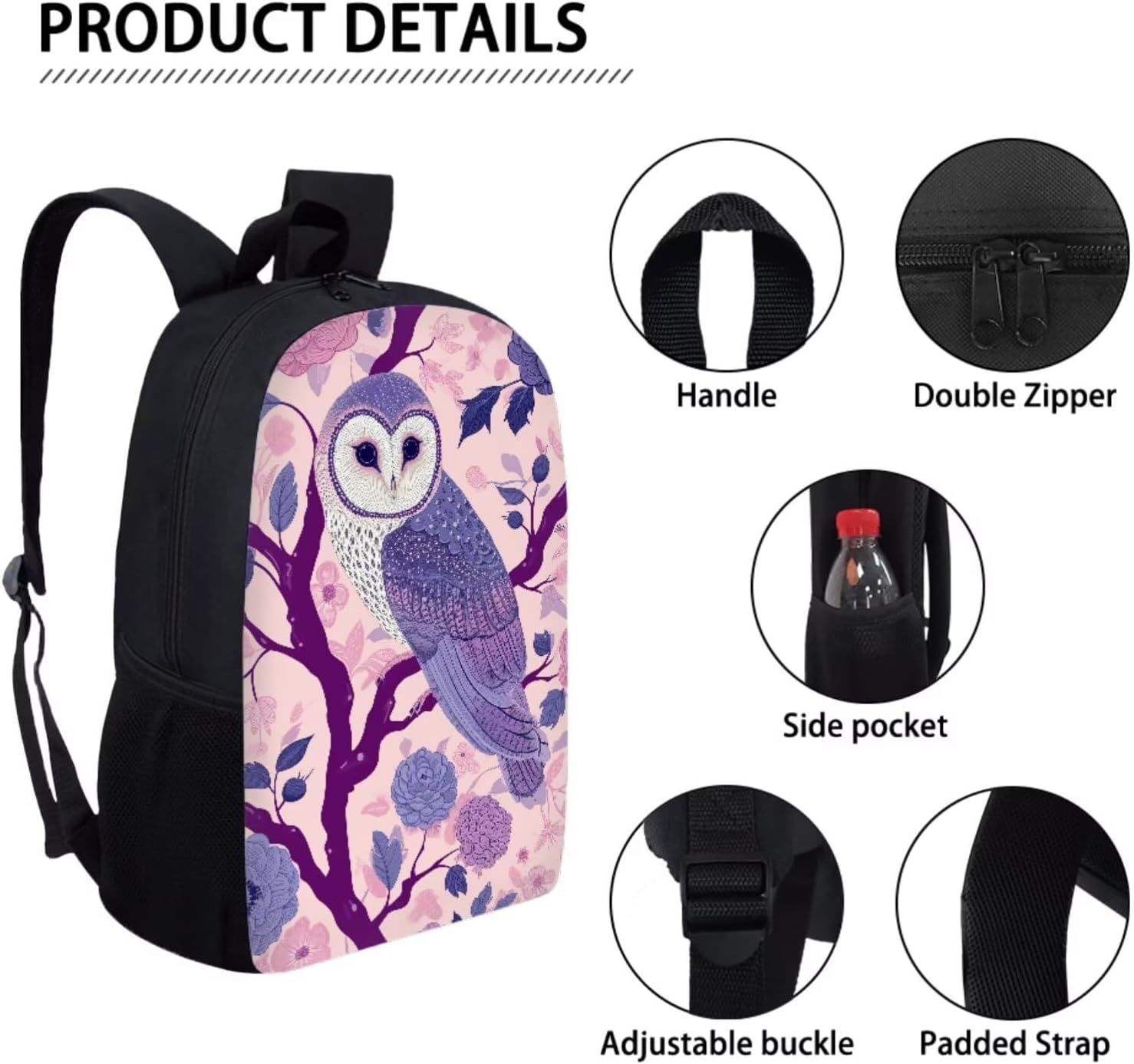 Modysero Large Capacity 3 Piece School Bag Bundle for Kids Owl Print Backpack Set for Girls Boys Daypack Set Durable Lightweight Bookbag Pencil Case Lunch Bag with Shoulder Strap