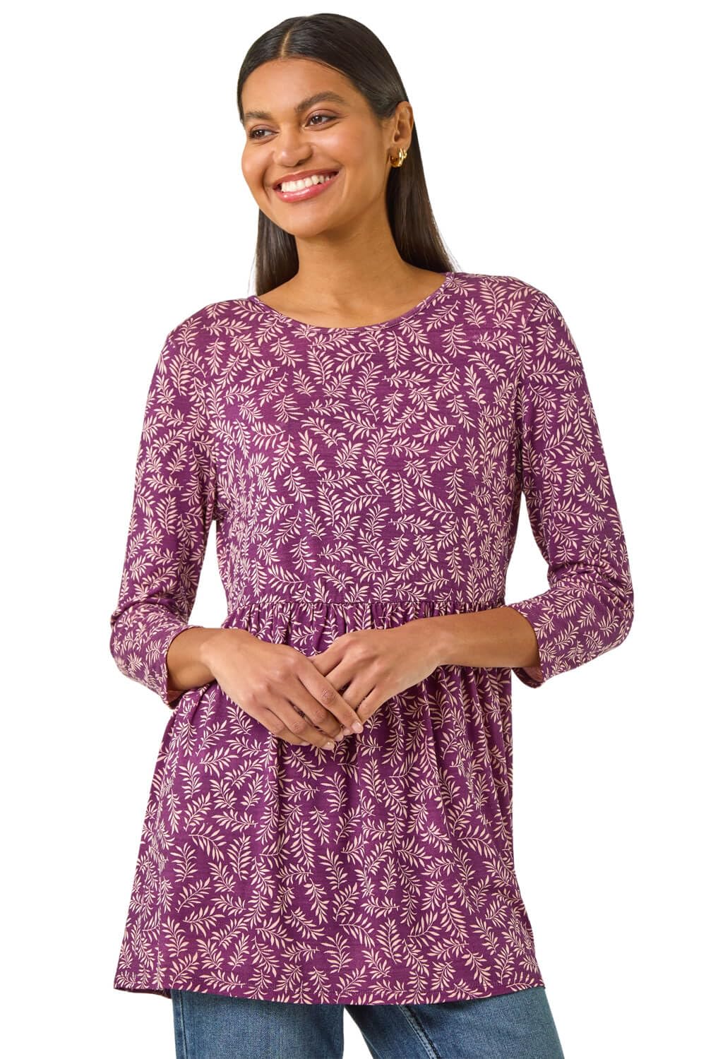 Roman Originals Leaf Print Gathered Tunic Top for Women UK - Ladies Everyday Autumn Winter Round Neckline Comfy Soft Evening Vacation Work Party Night Out - Purple - Size 10