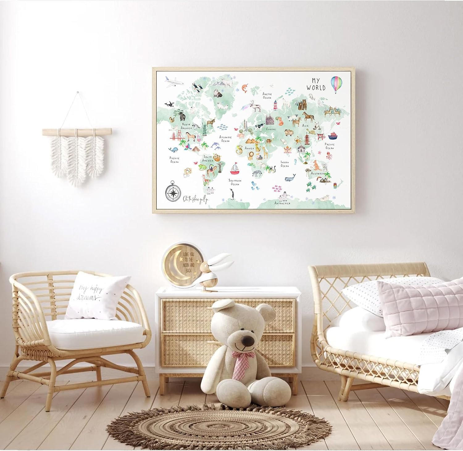 Green Kids World Map Wall Art Animal Map Canvas Art Nursery Wall Decor World Map Poster Childrens Room Decor Playroom Prints Educational Artwork 16x24 Inch framed