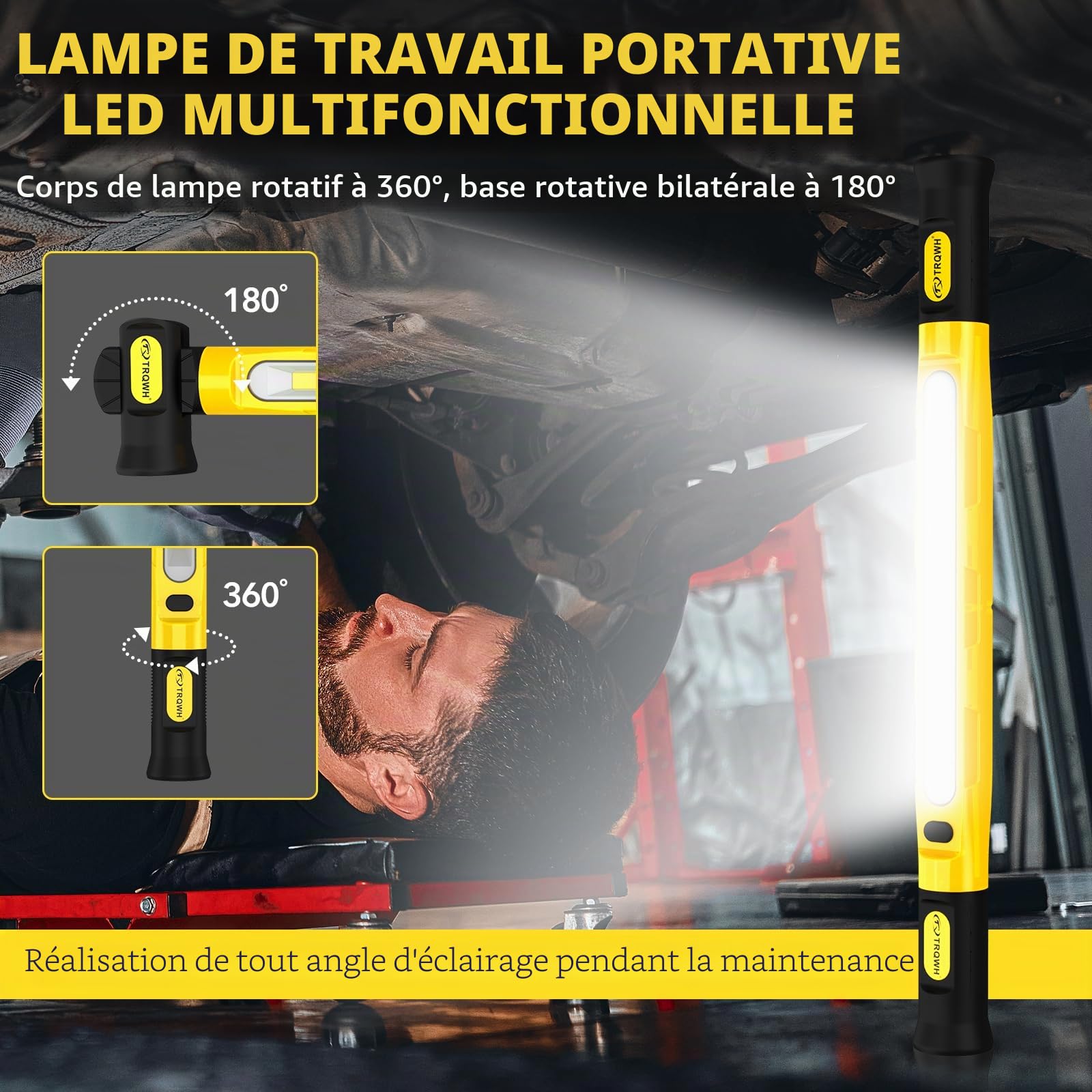 TRQWH Lampe de travail 3200LM LED, 6000mAh rechargeable, portable, magnétique, lumière d'urgence avec crochets pour réparation de voiture, garage, atelier, camping, jaune