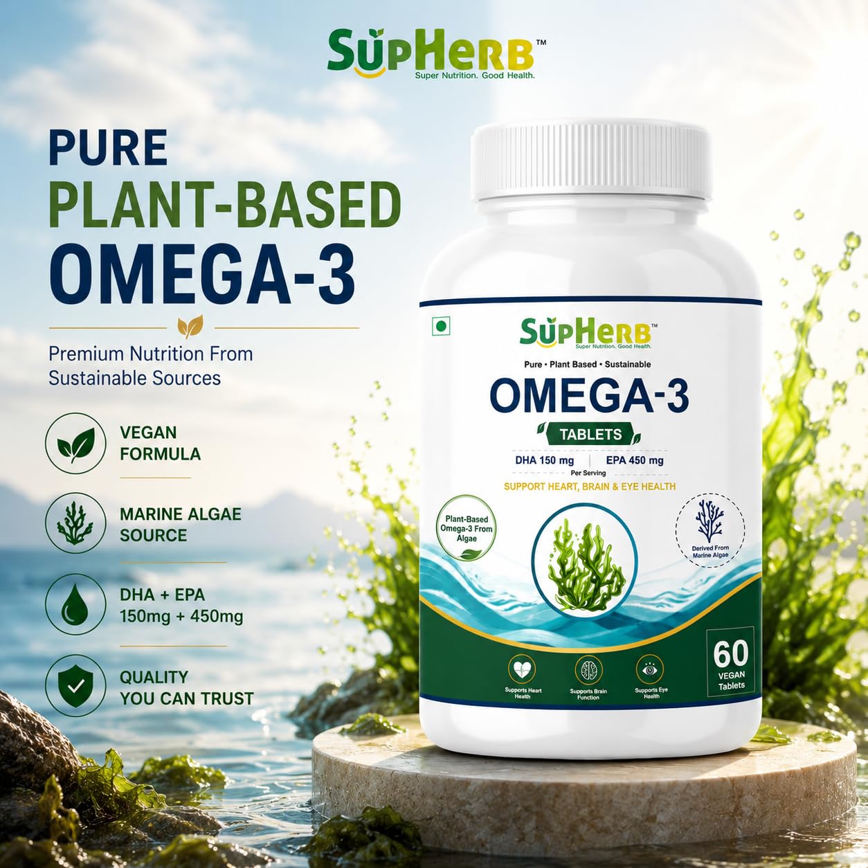 SupHerb Omega-3 Vegan Tablets – Plant Based Omega 3 from Marine Algae, DHA 150mg & EPA 450mg, Supports Heart, Brain & Eye Health, Sustainable Fish Oil Alternative, Soy Free & Gluten Free, 60 Vegan Tablets — Amazon image 2