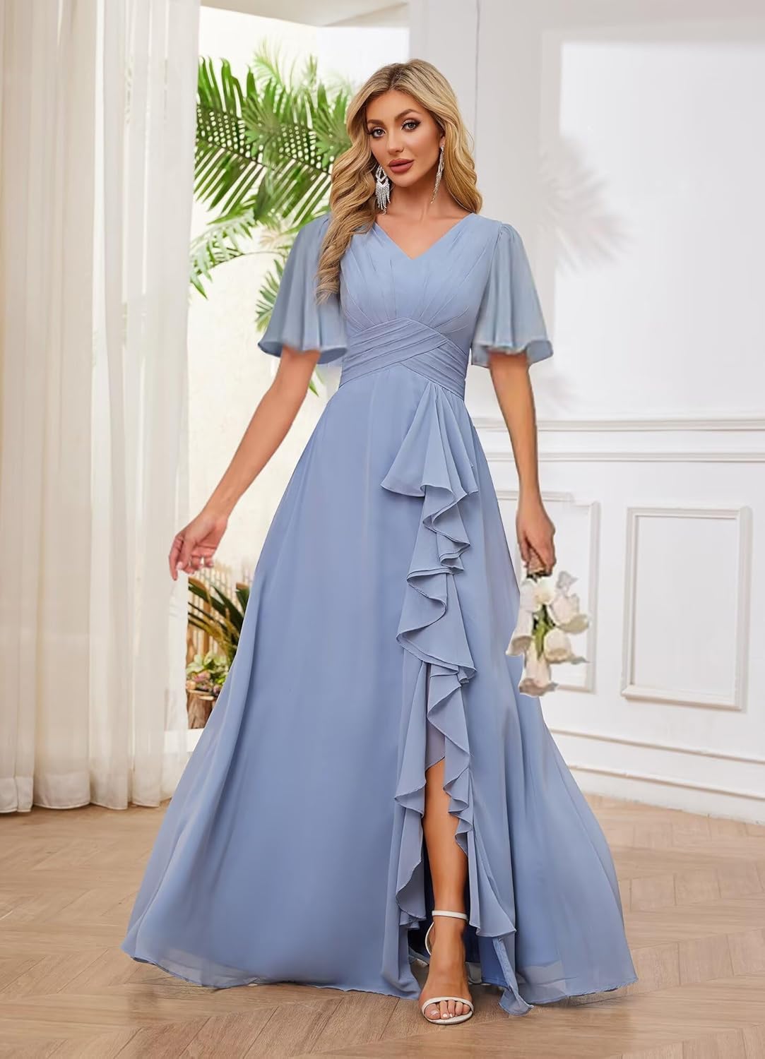 V Neck Short Sleeve Chiffon Bridesmaid Dresses for Women Long Split Ruffled Formal Evening Dress MAOF020