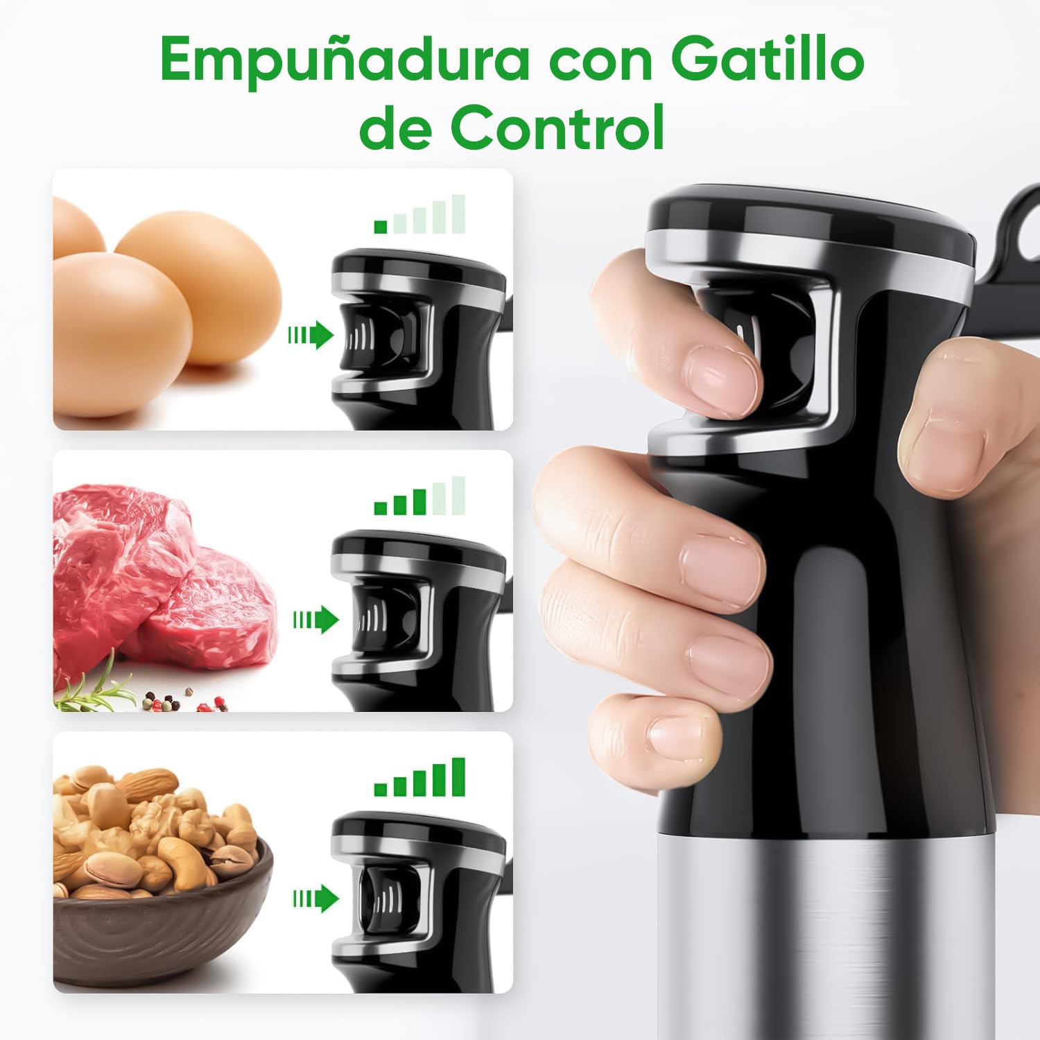 BESROY Batidora de Mano 5 en 1 1100W, Batidora Eléctrica con Velocidad Regulable, Acabado en Acero Inoxidable, con Picadora, Espumador de Leche, Varilla y Vaso Medidor, Ideal para Smoothies, Salsa