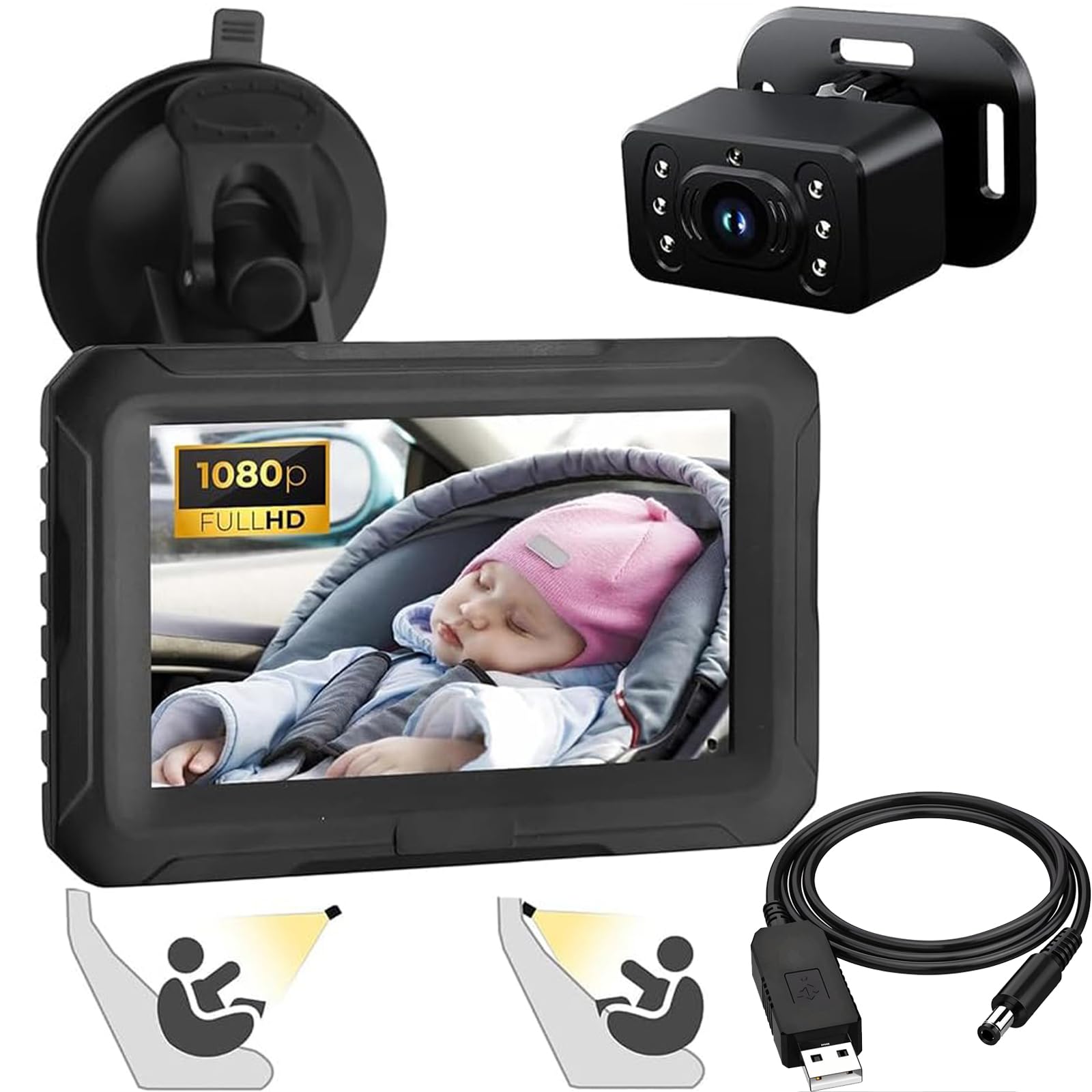eSynic 1080P USB 4.3" lusterko samochodowe dla niemowląt obracane o 360° 8 LED noktowizor na podczerwień, lusterko wsteczne do samochodu dla bezpieczeństwa dzieci, samochód z przyssawką z kamerą na