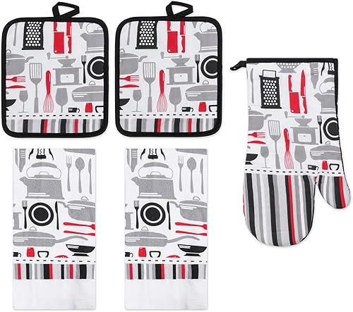 Juego de ropa de cocina de 5 piezas, 2 toallas de algodón, 2 agarraderas, 1 guante de horno con lazo para colgar, material 100% algodón en la parte