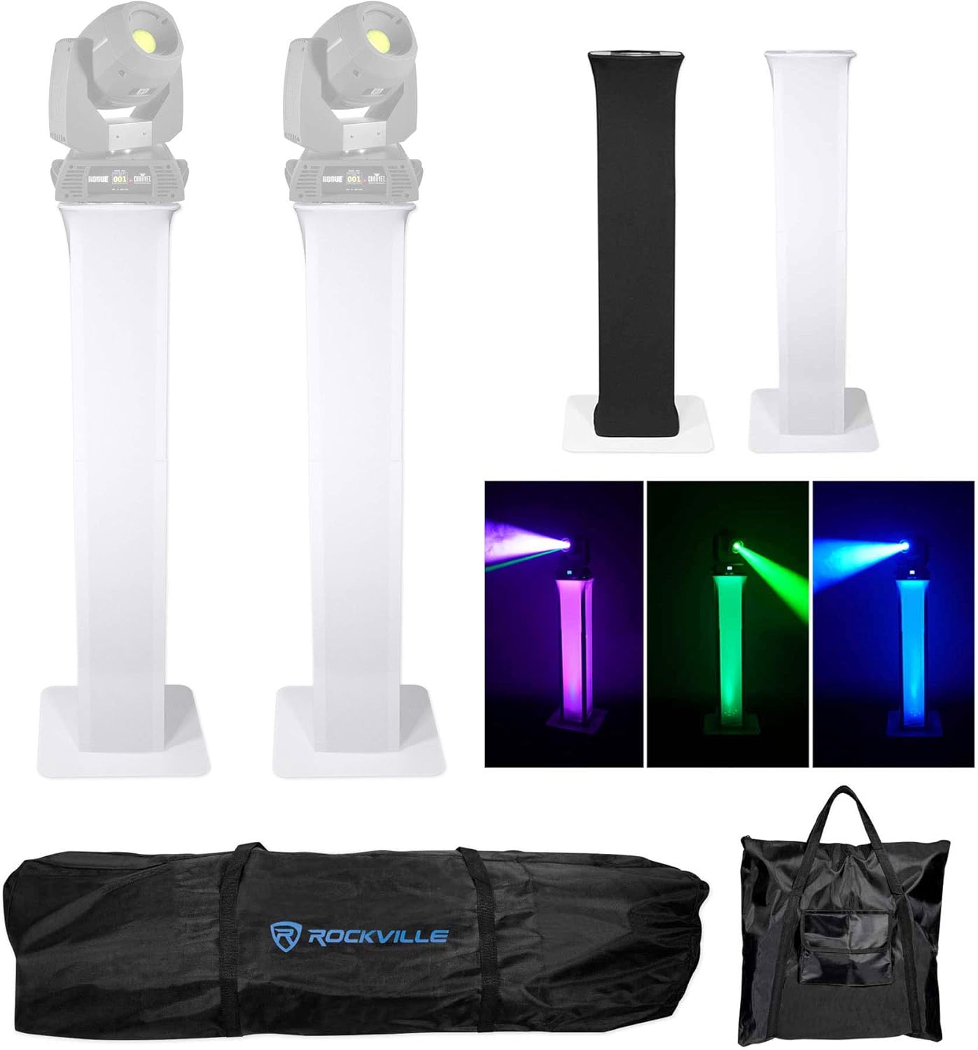 (2) Rockville RTP32W Totem Moving Head Light Stand+Black+White Scrims+Carry Bags for Chauvet Rogue R1X Spot Lights