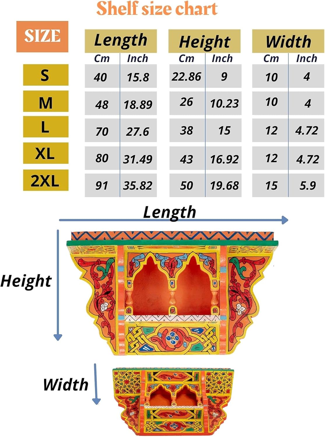 HibArt Moroccan Wooden Floating Shelves - Hand painted Zouak Style Arabic Hanging Wall Shelf (Medium, Blue Sky)