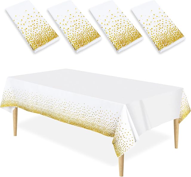 4 Packs Plastic Tablecloths Party Table Cloth White and Gold Dots Confetti Rectangular Table Cover for Weddings Birthday Halloween Christmas, 107.87in*53.94in