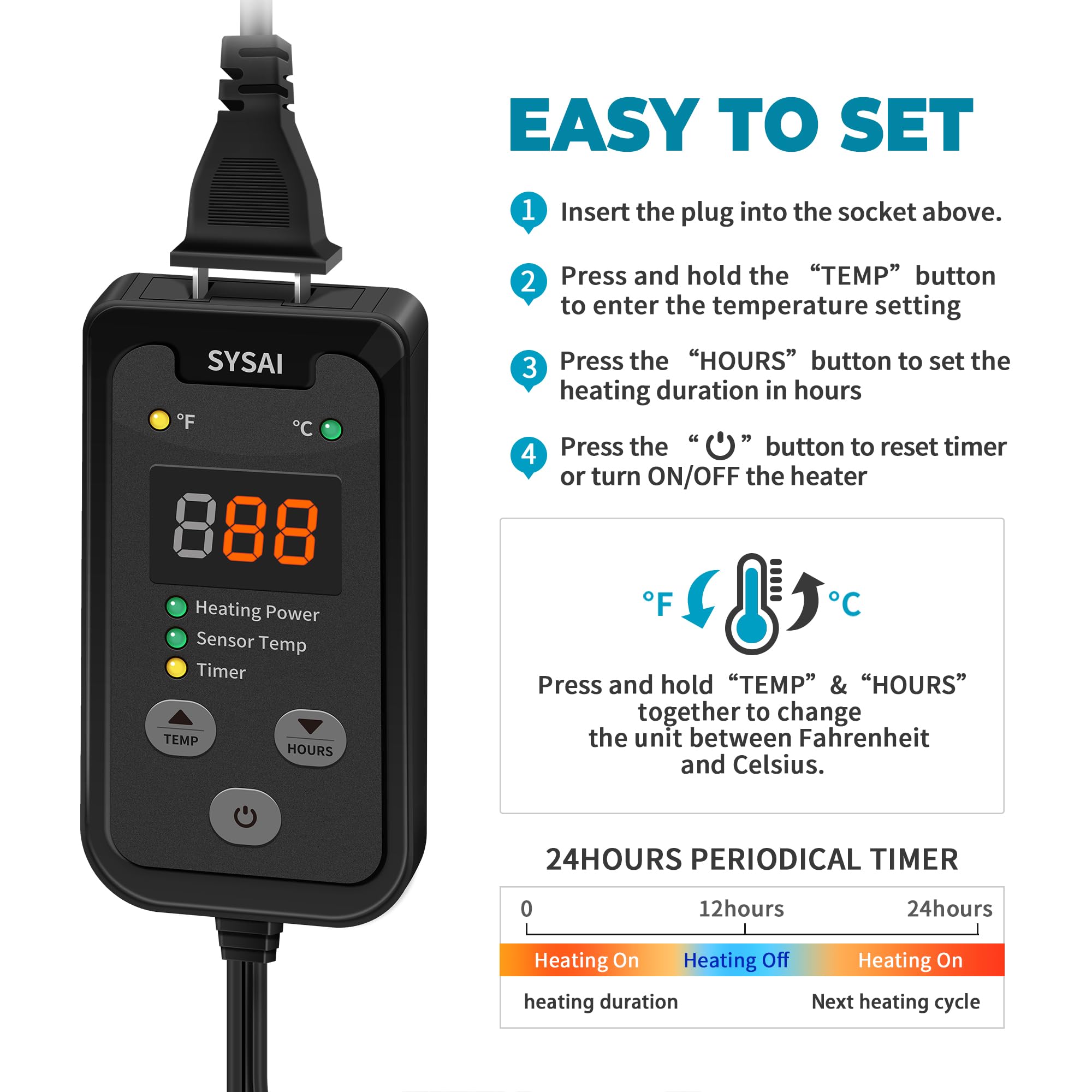 SYSAI Digital Thermostat Controller for Reptile Tank & Heat Mat, Seed Germination, Breeding & Home Brewing, 1A 100W, High Accuracy °F/°C Probe, 60-94°F - image 4