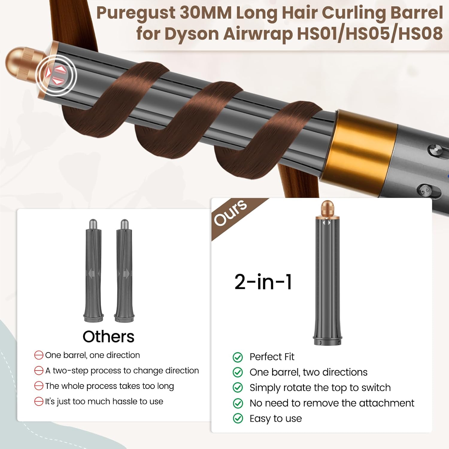 1.2IN Long Hair Barrels Attachment Compatible with Dyson Airwrap HS01 HS05 HS08 Accessories, Automatic Curling Iron Curlers for Soft Inward Curls Voluminous Outward Waves - Image 3