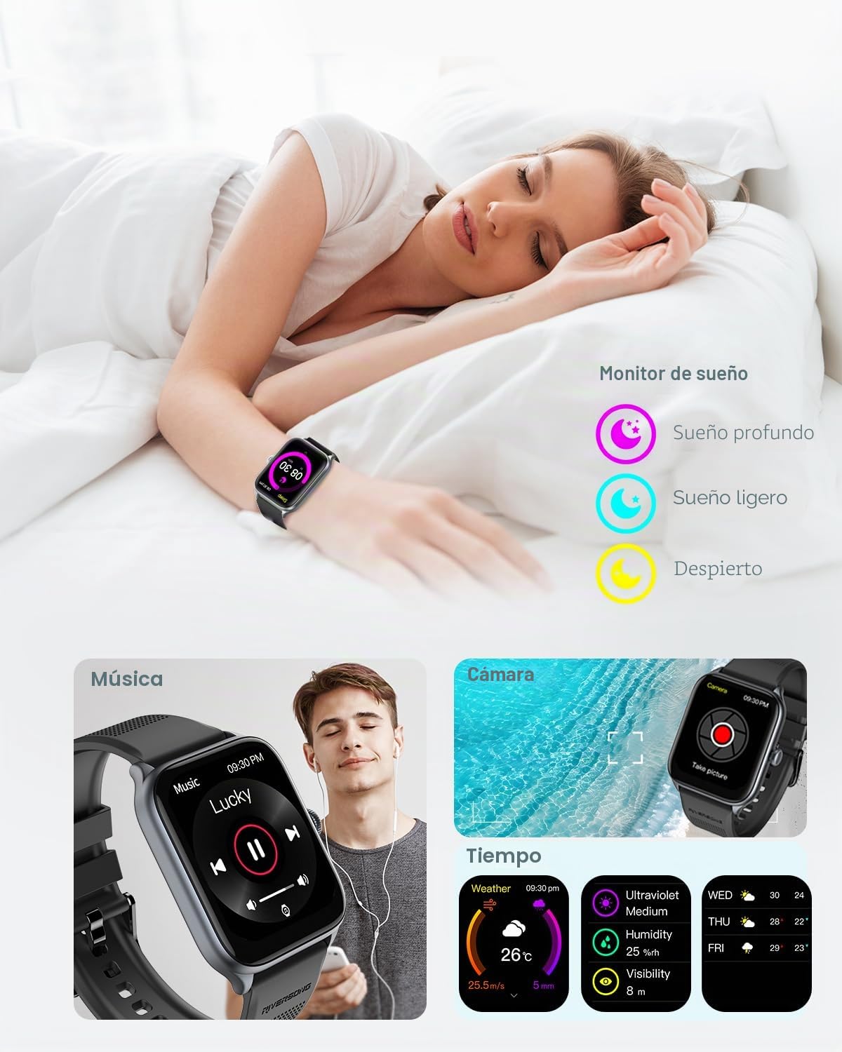 RIVERSONG Reloj Inteligente Hombre Mujer con Llamada Bluetooth/Marcación, 1,85" Smartwatch con 100+ Modos Deportivos, Monitor de Frecuencia Cardíaca/Sueño / SpO2, para Android iPhone, Gris Espacial