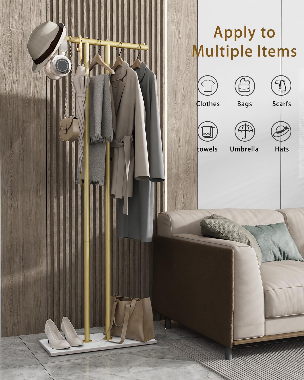 OUTBROS Large Metal Coat Rack Freestanding with Rock Base, Standing Garment Storage for Indoor - 23.6" Wide Heavy Duty Clothe Rack Metal Clothing Hanger Rack (Gold)