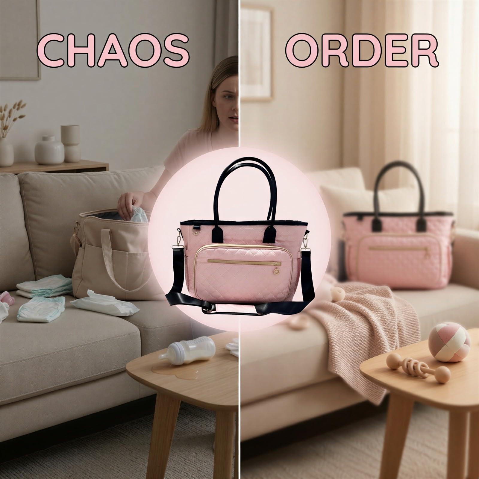 Große Aufbewahrungstasche mit Faltbarer Wickelunterlage, Wasserabweisende Oxford Tragetasche für Reisen, Gesteppte Handtasche mit verstellbarem Schultergurt für die Pflege, Pink