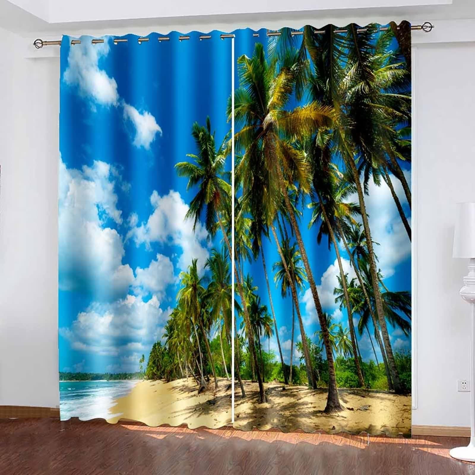 Rideau de Cuisine Long, Rideau Anniversaire Bleu Blanc Vert Polyester Plage de Ciel Bleu et Cocotiers 132L x 274H CM Lot de 2