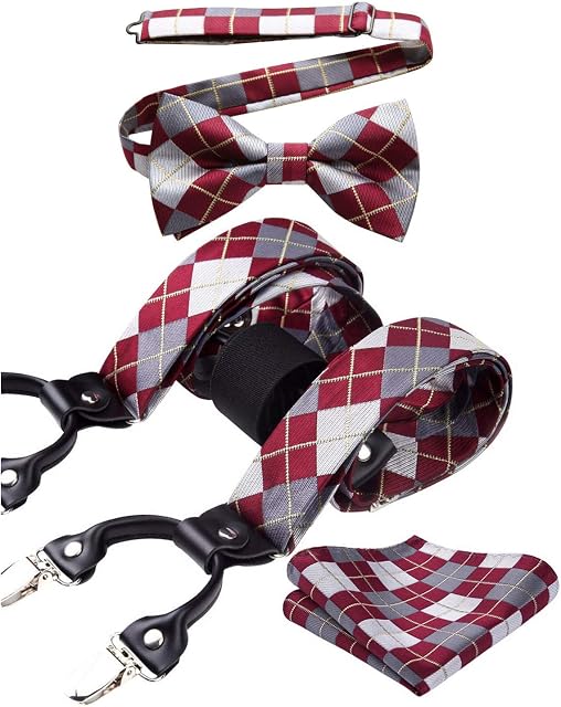 HISDERN Mens Braces Paisley Suspenders with 6 Strong Metal Clips Adjustable Y Shape Floral Braces Bowtie and Pocket Square Set