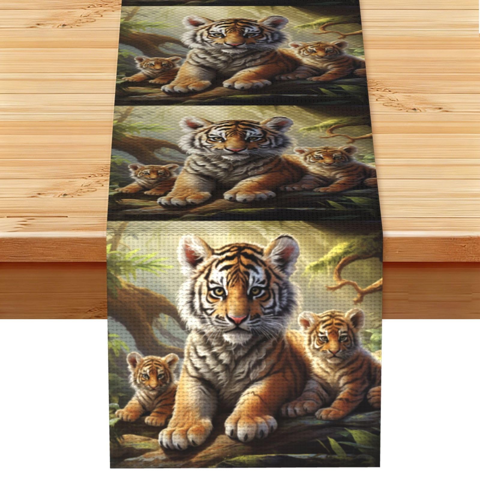 Fodpand Black Rustic Cotton Linen Table Runner, Jungle Tigers Cub Table Runners 13 X 72 Inches, Modern Elegant Farmhouse Tablecloth, Washable Kitchen Dining Table Decoration For Home Party Decor