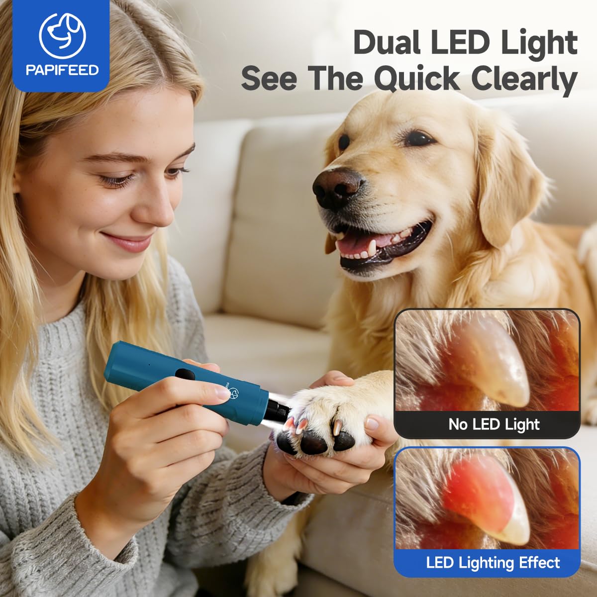 PAPIFEED Dog Nail Grinder with LED Light, Ultra Quiet 3-Speed Electric Nail File for Small Medium Large Dogs & Cats, Rechargeable Pet Nail Grinder with Trimmer (Blue) - image 5