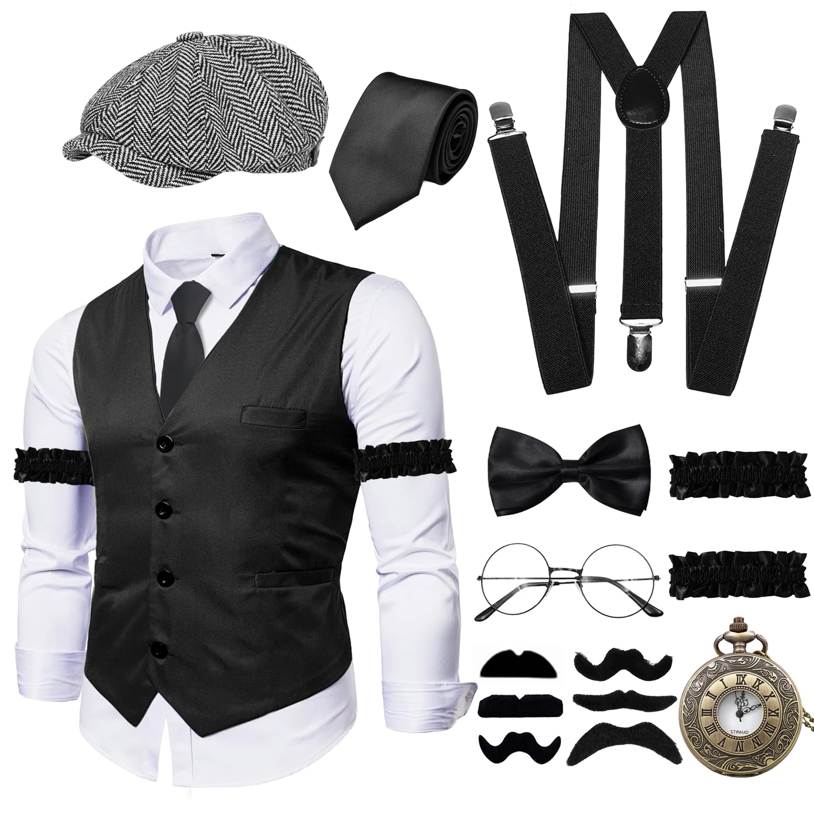 Xerteam 20er Jahre Kostüm Herren mit Weste Taschenuhr Hut Krawatte Fliege Hosenträger Gläser, Halloween 20er Jahre Accessoires für Karneval Fasching Party