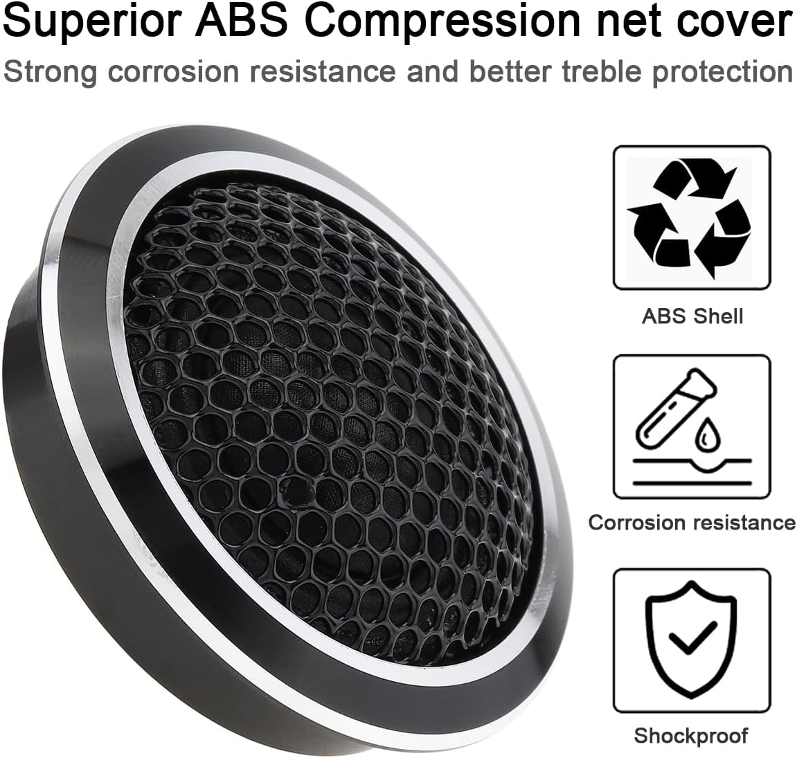 Close-up of the DriSentri YH-A8 tweeter showing the ABS compression net cover, with icons indicating ABS Shell, Corrosion resistance, and Shockproof features.