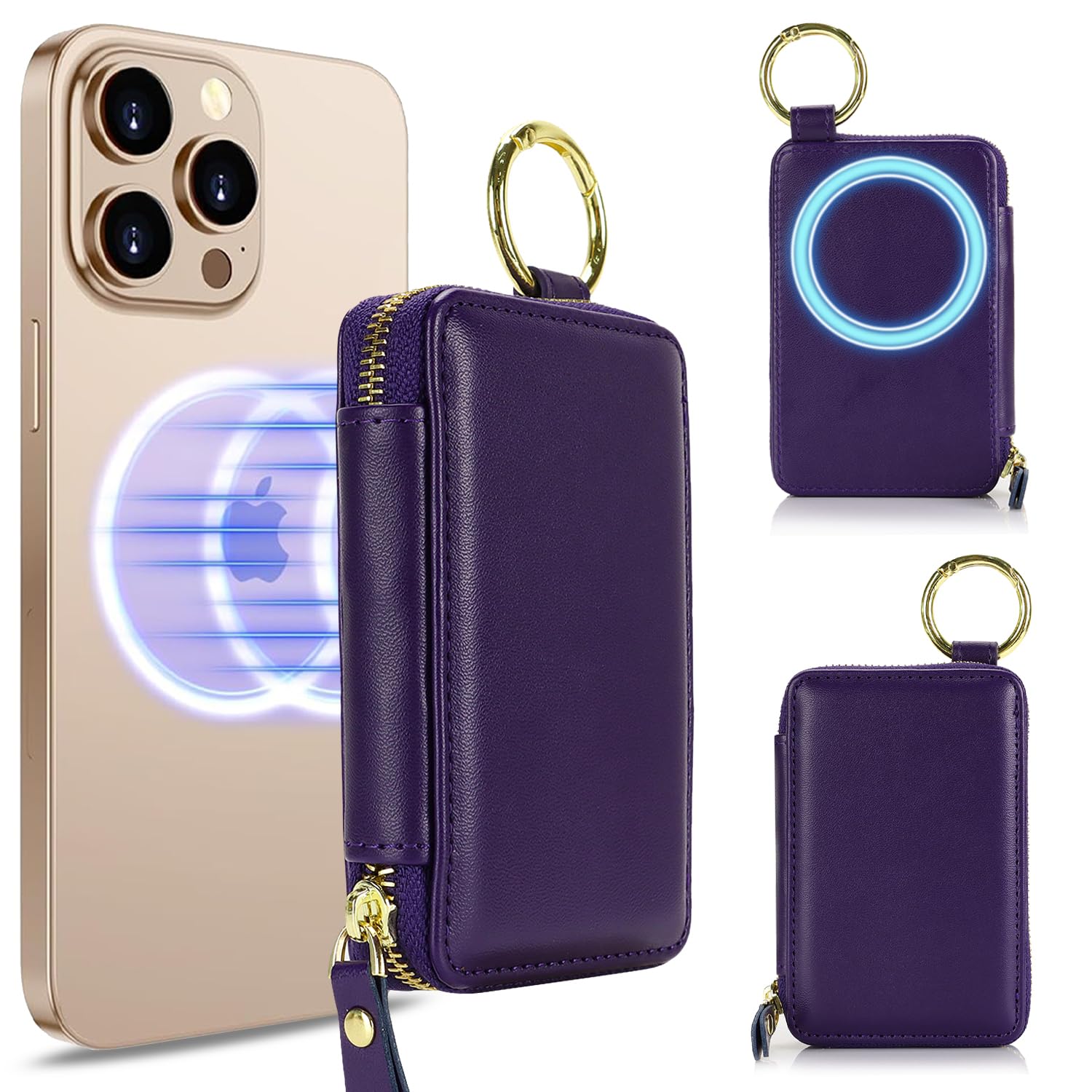 Compatible with MagSafe Wallet,Magnetic Wallet for iPhone iPhone 16 Pro Max/15 Pro/14 Plus/13/12 Series,Leather Zipper Pocket Card Holder Adjustable Stand-Light purple