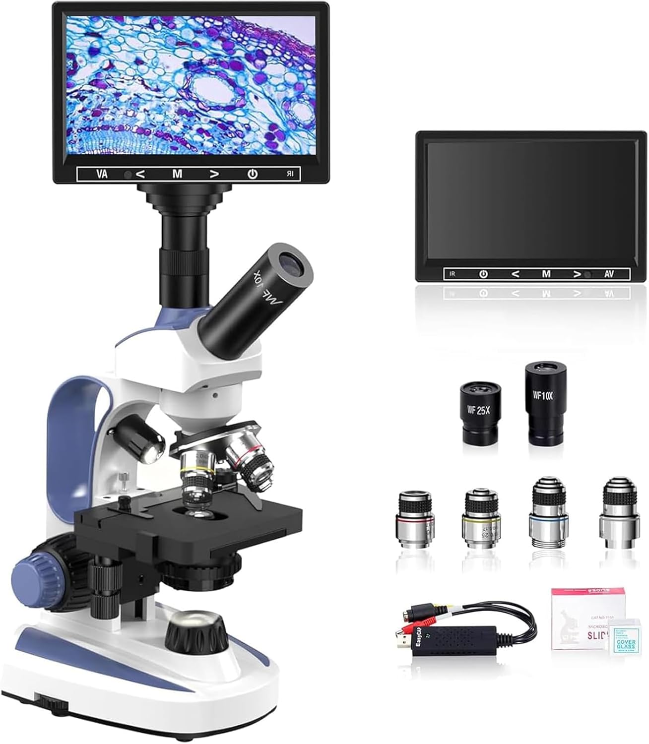 Lab Monocular Compound Microscope with 7'' LCD Screen, 40X-2500X Magnification Microscope for Adults, Dual Illumination, Built-in 5MP Camera, Dual Mechanical Stage for Lab School Farm (Black)