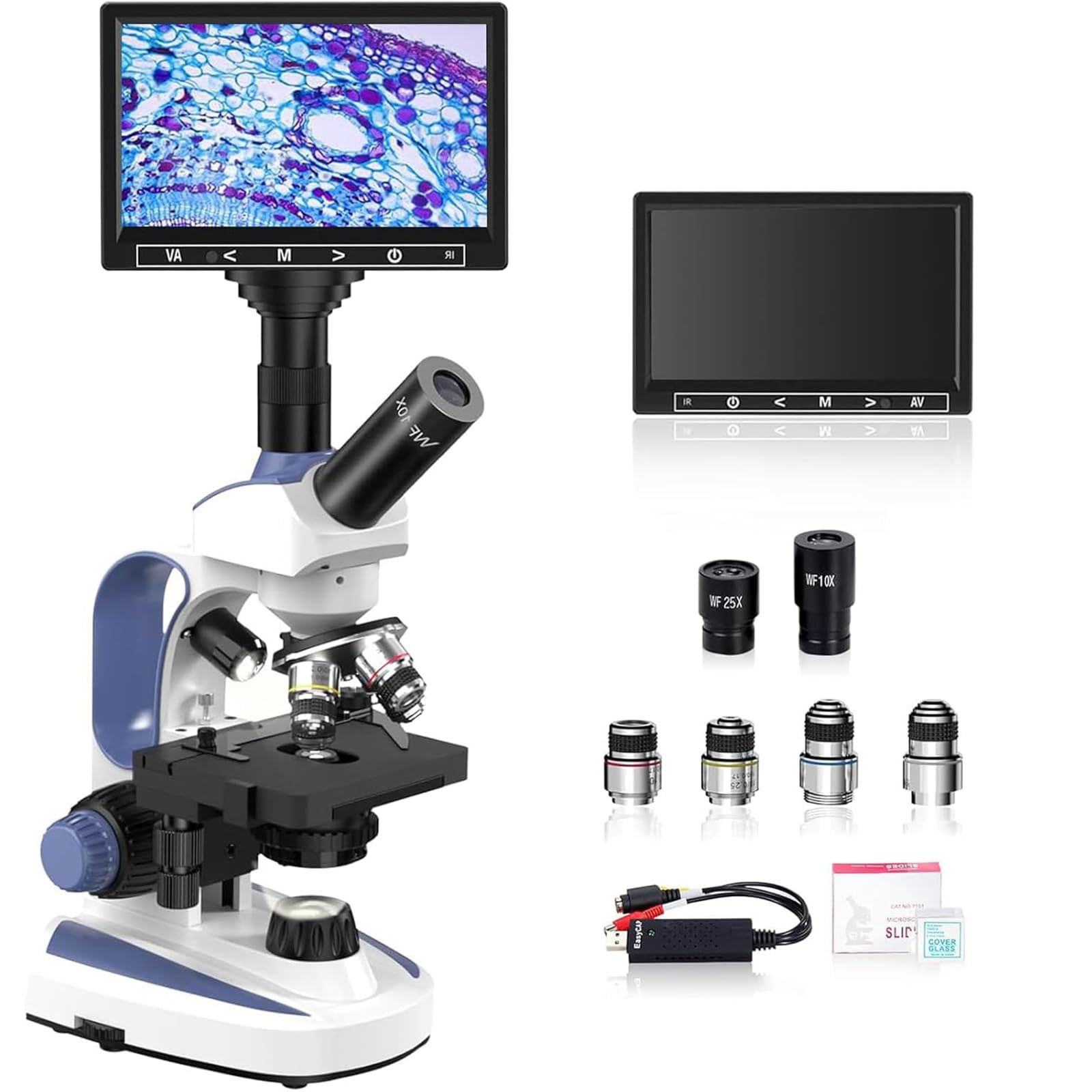 Lab Monocular Compound Microscope with 7'' LCD Screen, 40X-2500X Magnification Microscope for Adults, Dual Illumination, Built-in 5MP Camera, Dual