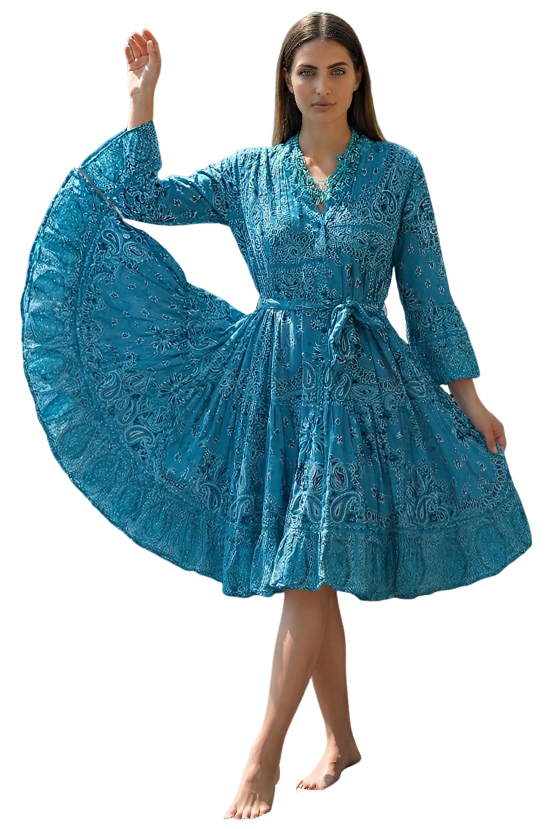 Antica Sartoria - Vestido Herculano 89 en Algodon Estampado, Cuello Mao y Abertura Delantera. Mangas 3/4, teminacion de Cenefa en Mangas y bajo. Talla Unica Muy Amplia
