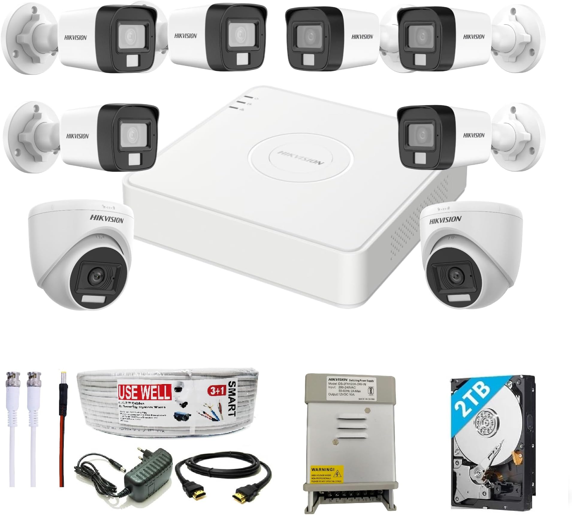 HIKVISION Full HD 8 Channel DVR, 2 MP 6 Outdoor & 2 Indoor Cameras [COLOR NIGHT VISION + BUILT-IN AUDIO MIC + SMART DUAL LIGHT + MOTION DETECTION]+2 TB HDD + 8 Ch SMPS, USEWELL Cable+BNC/DC Set, WHITE