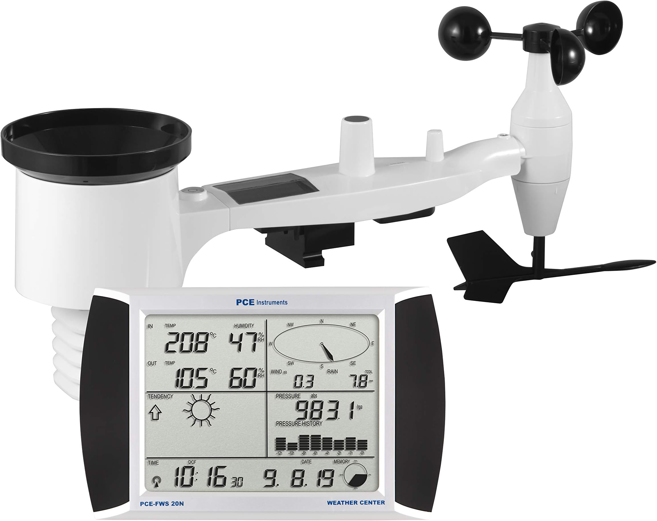 PCE Instruments PCE-FWS 20N Weather Station, for Meteorological Monitoring, Measures Wind Direction, Wind Speed, Temperature, Humidity, and Rainfall, with Wireless Data Transmission and LCD Display