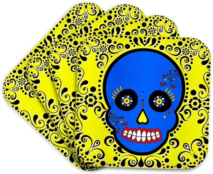 3dRose Day of The Dead Skull Día de Los Muertos Sugar Skull Blue Yellow Black Scroll Design Set of 4 Coasters - Cork