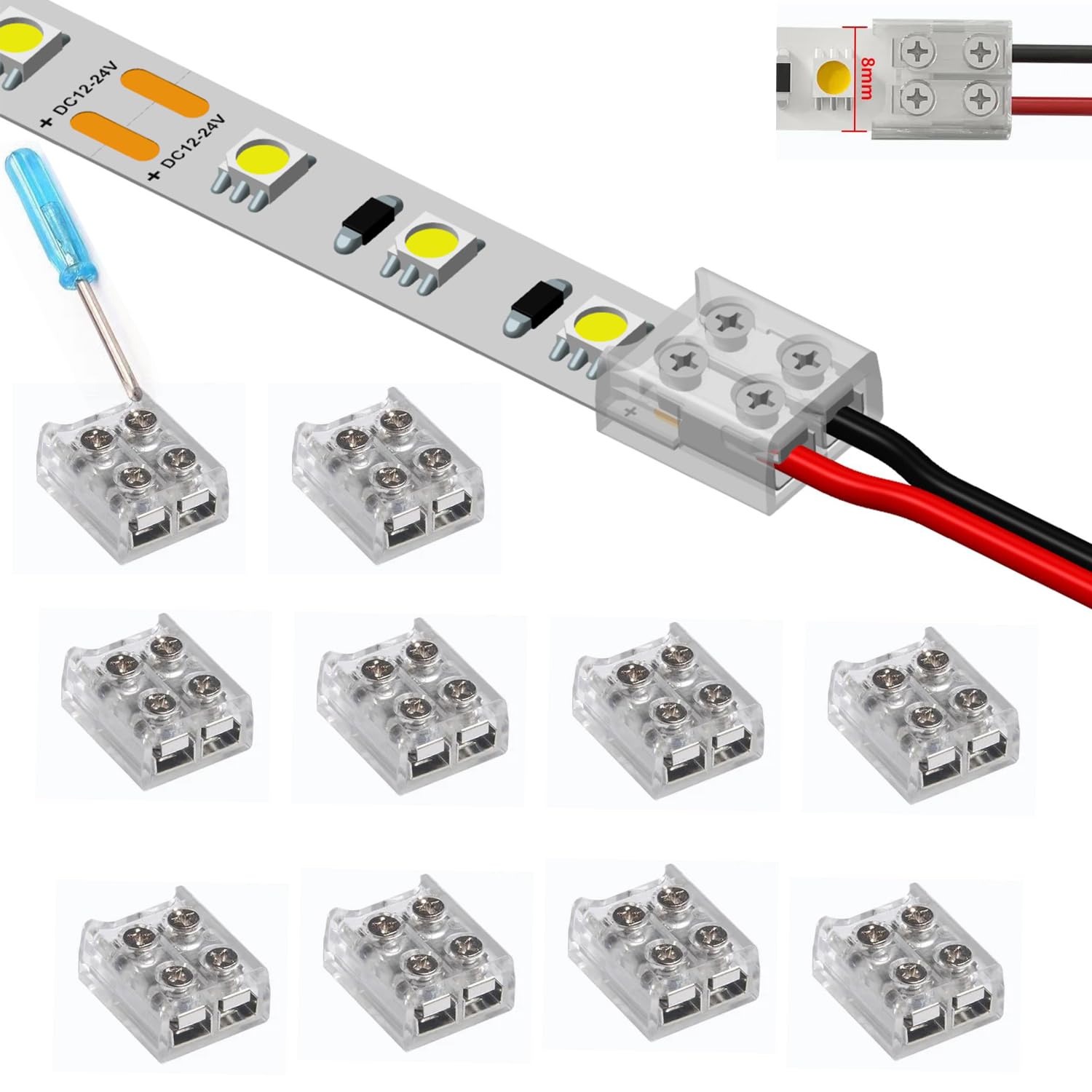 YUTOKEER Daiwu 10-teilige LED-Verbinder für LED-Streifen, 2-polig (10mm Streifen zu Streifen (8mm Kabel zu Streifen)