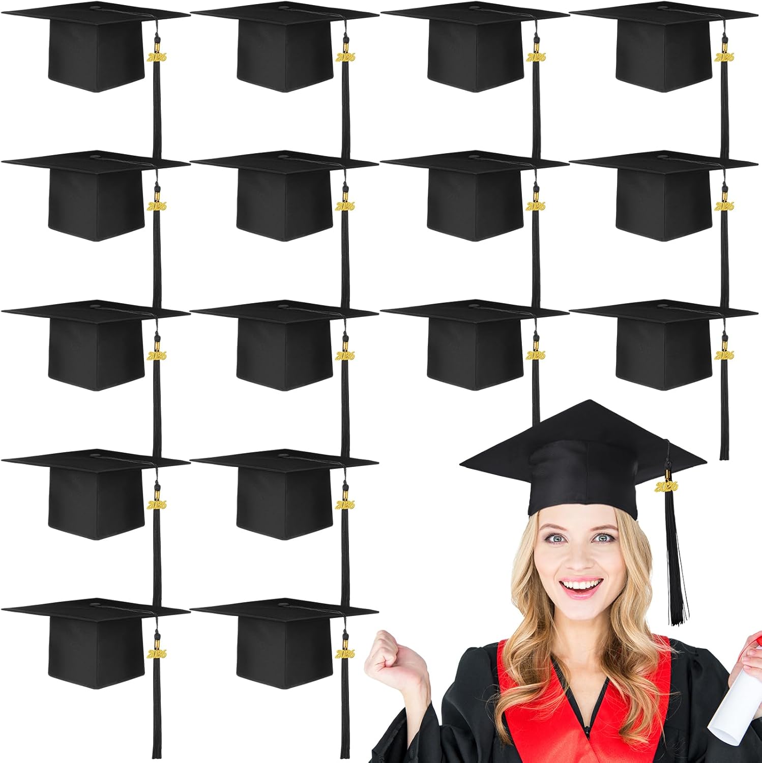 Yahenda 16 Pcs Black Graduation Cap with 16 Pcs Removable 2026 Tassel Graduation Hat with Tassel Bulk Elastic Brim Adjustable for Men Women Bachelor Master College High School Ceremony