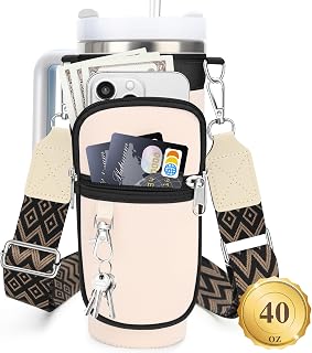 Water Bottle Carrier Bag with Canvas Shoulder Strap for Stanley 40 oz Tumbler with Handle, Water Bottle Holder Pouch with 6.7'' Phone Pocket for Stanley Cup Accessories, Birthday Gifts for Men Women