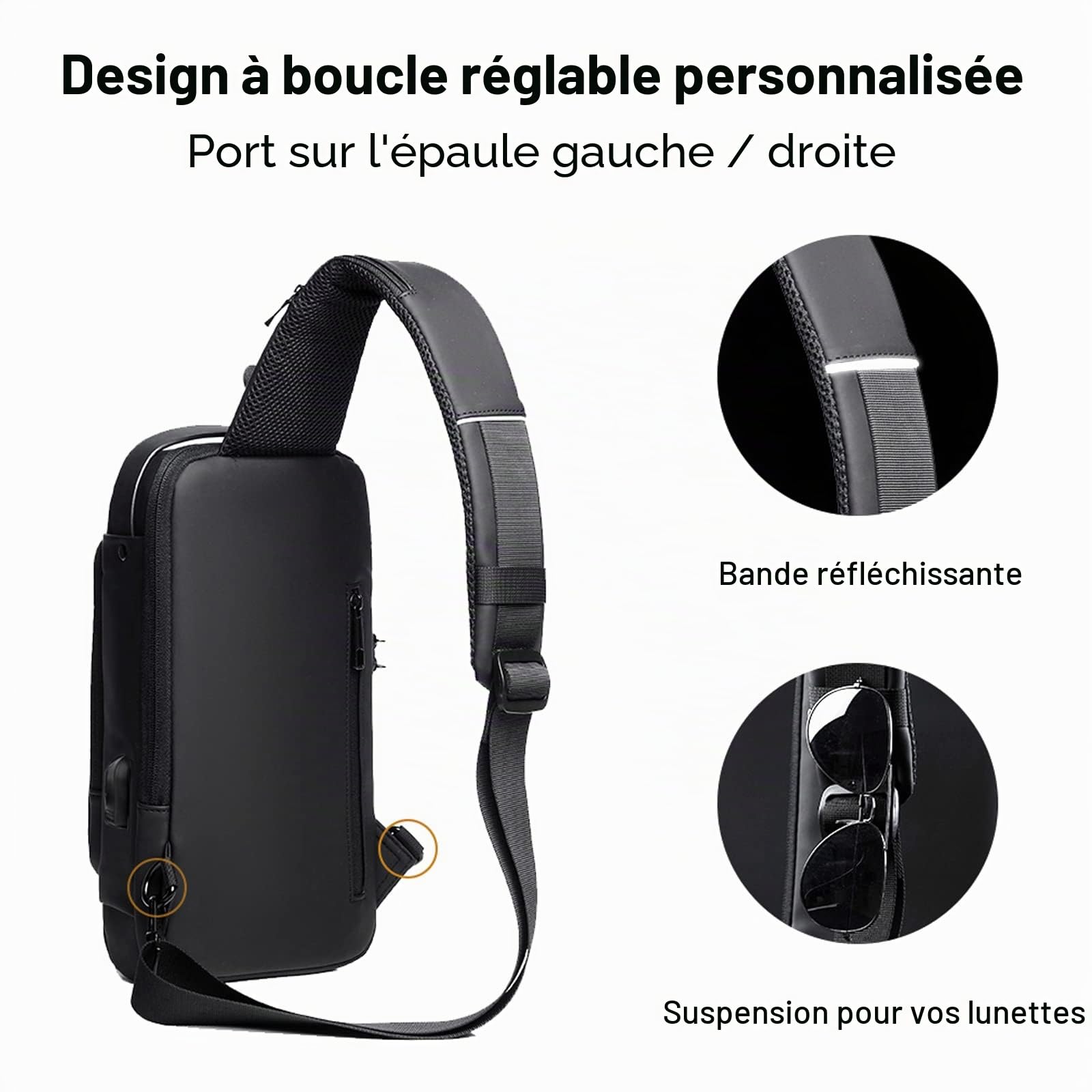 FANDARE Antivol Sac Poitrine Affaires Sacs de Bandoulière Sacoche avec USB Sac d'Epaule pour Homme Voyage Randonnée Vélo Camping Excursion Impermeable Multi-Poches Petit Sac a Dos