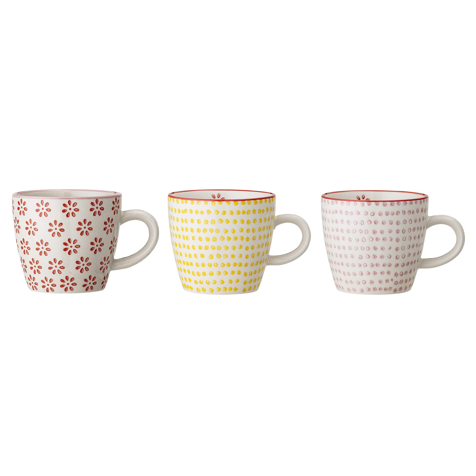 Bloomingville Yellow,Red,Rose Ceramic Cups With Handle Susie - Colorful Mugs Perfekt For Double Espresso, A Small Café Crema - Content 220 Ml Set Of 3 Styles, Stoneware, Red Yellow Rose