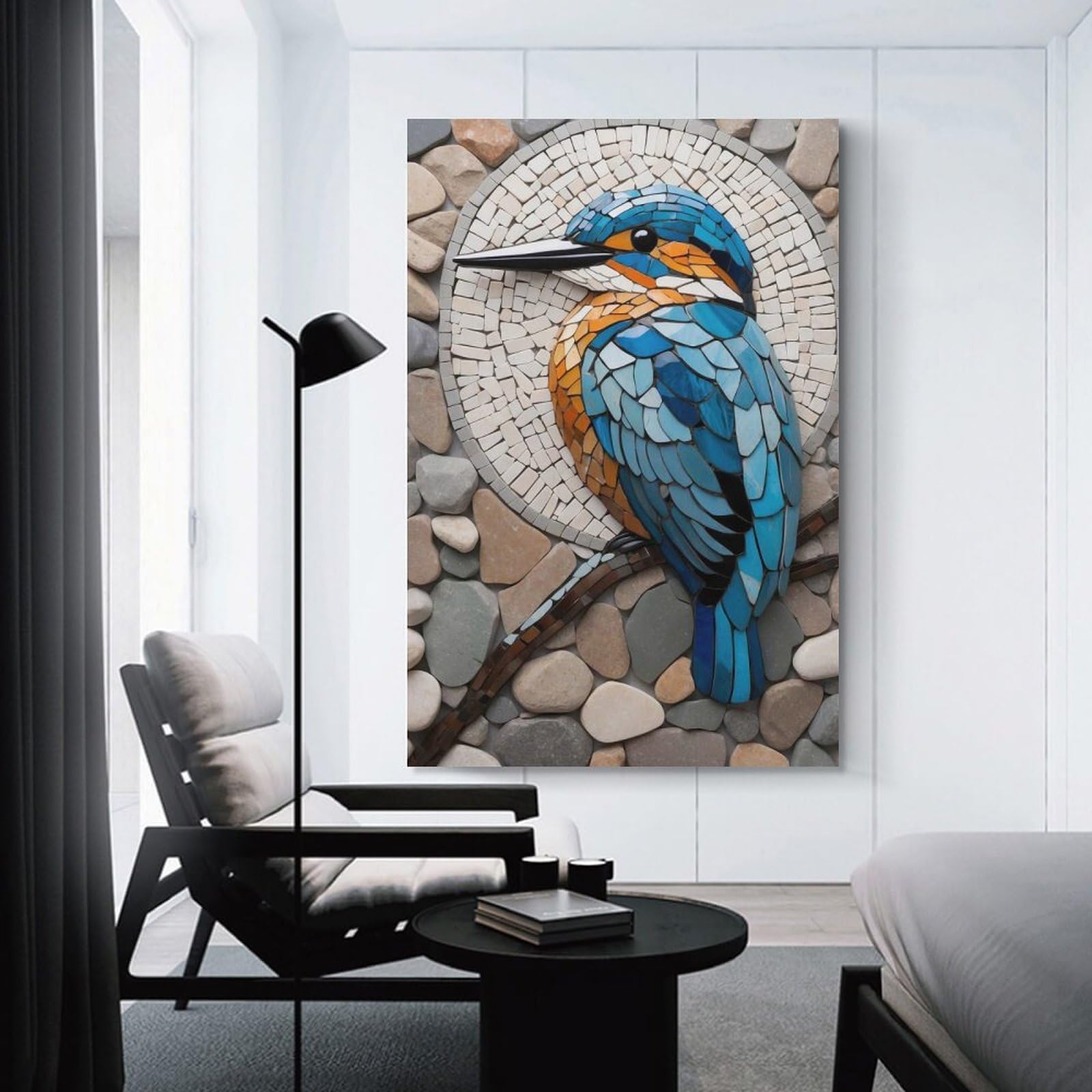 Junmoney Canvas Art Print Kingfisher Mosaic Art, 12x18inch(30x45cm), for Feature Walls in Flats Or Modern Rooms, Wall Decor Suited to Curated Displays
