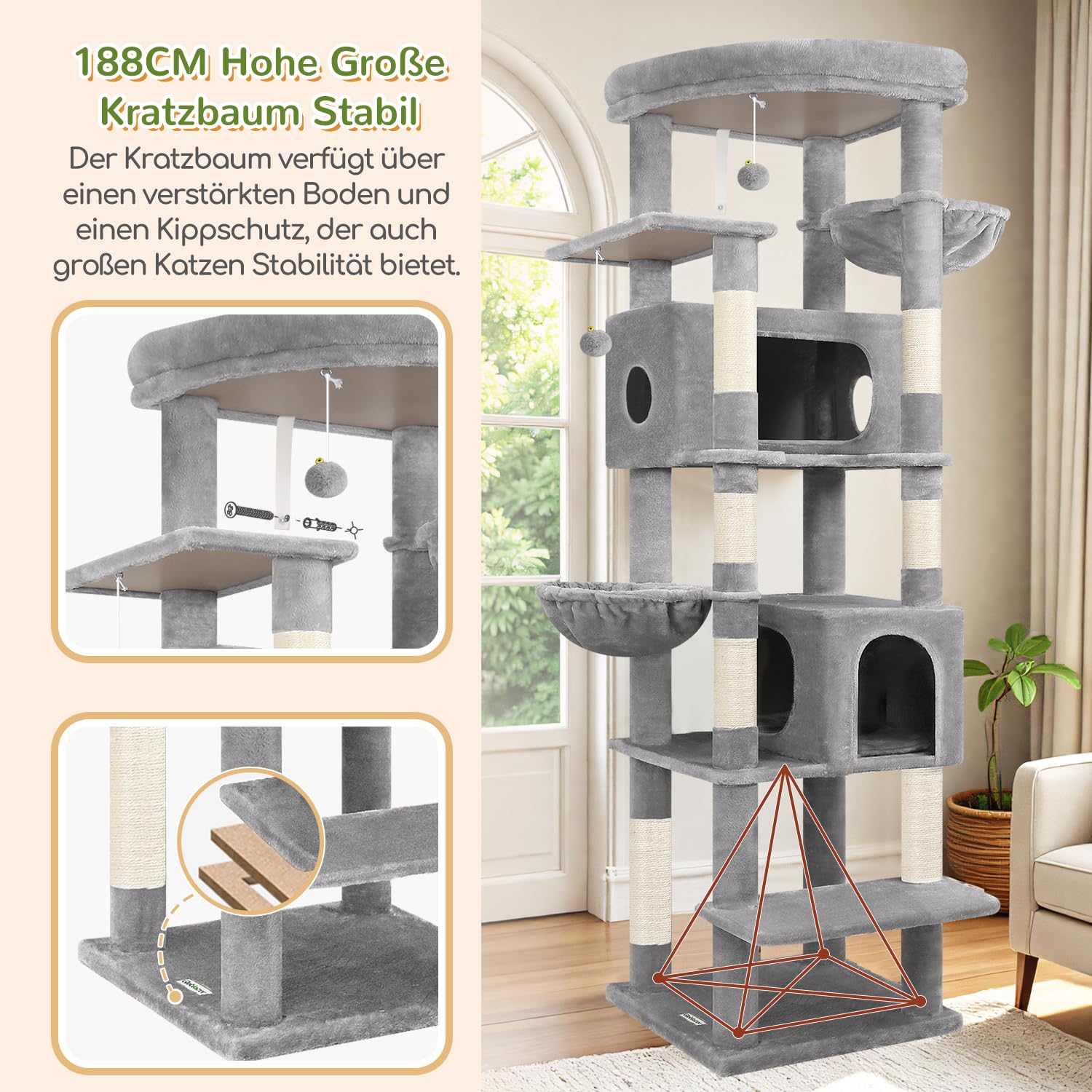 Globlazer Kratzbaum Große hoch 188 cm mit 2 Großer Katzenhaus, Gepolsterte Plattform, 2 Katzenkorb Vergrößern, Reinigbar Katzenbaum Ecke Stabil Kippsicher für Große Katzen Schwere (S74, Hellgrau)