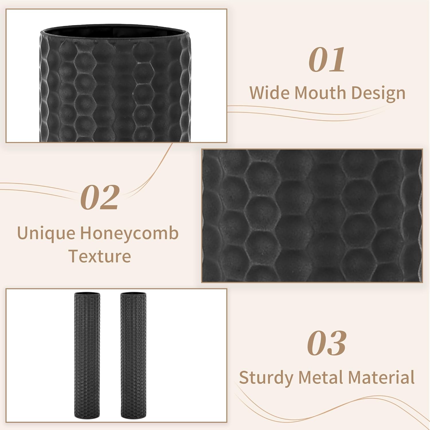 Sziqiqi Black Tall Floor Vase: 27.6in Metal Modern Cylinder Floor Vases for Fireplace with Honeycomb Texture - Set of 2 Large Decorative Vase Home Decor for Living Room Bedroom Home Corner Indoor - Image 7