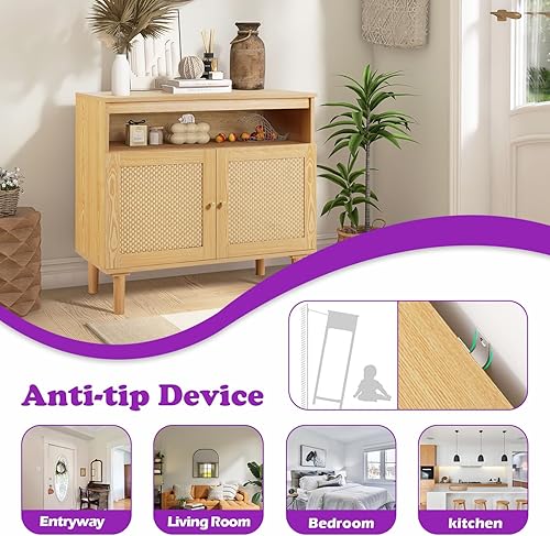 Miniatura 8 de TYBOATLE Armario de buffet moderno con almacenamiento, aparador bohemio con 2 puertas de ratán tejido kraft y estantes ajustables, mesa de consola