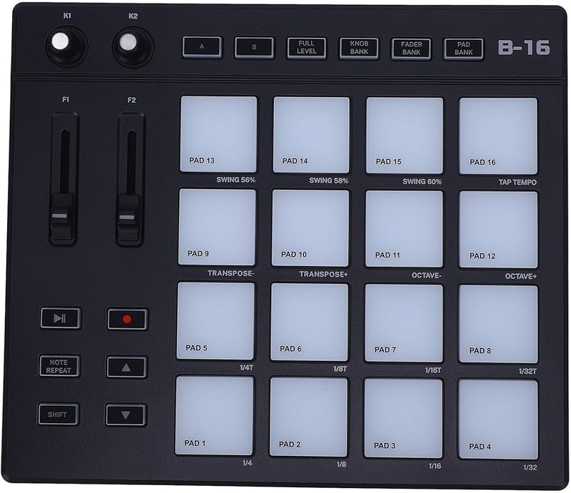 MIDI Controller Pads, Portable MIDI Controller with 16 Drum Pads, 2 Assignable Fader Knobs, Customizable Keys, for Music Production