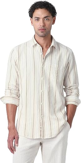Peter England Men's Linen Blend Shirt | Subtle Stripes | Full Sleeves